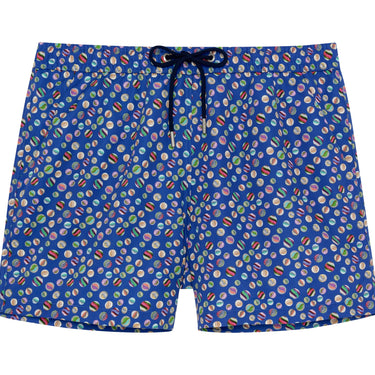 A pair of navy blue beach boxer shorts with a colorful marble print and a drawstring waist.